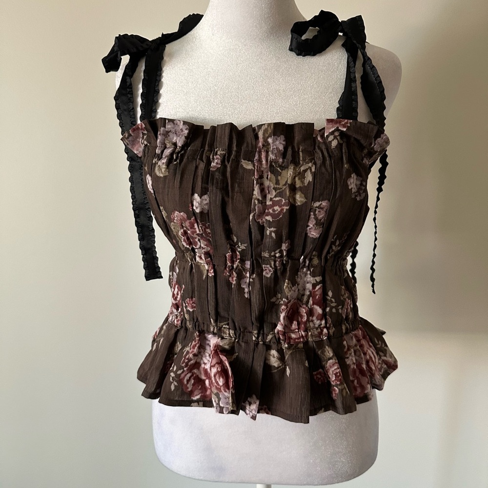 H&M Floral Ruffle Tank Top - Brown and Pink